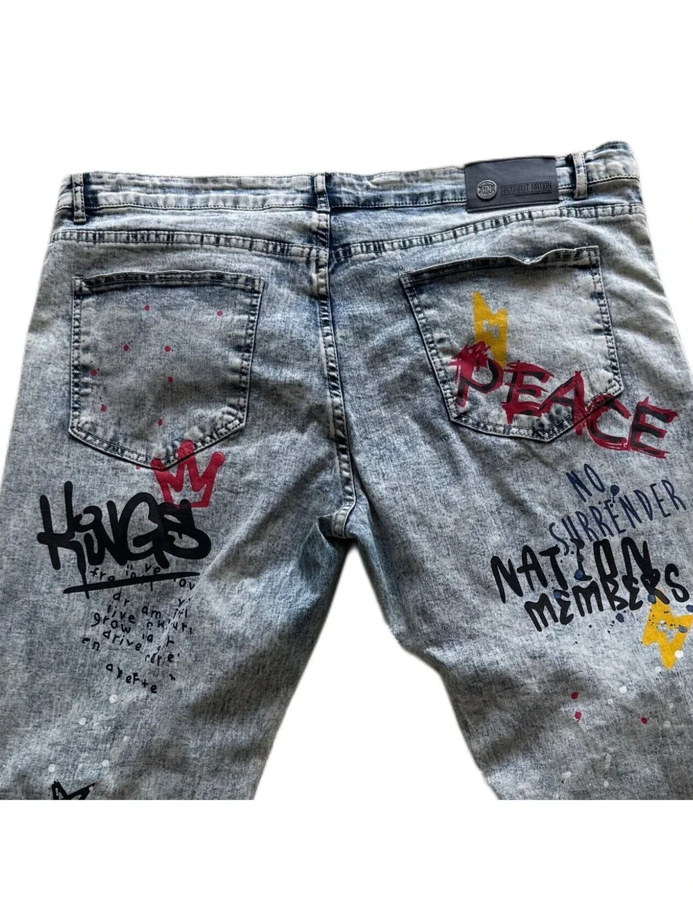 Y2K Argonaut Nation Graffiti Jeans Men’s 42x32 Streetwear Distressed Splatter